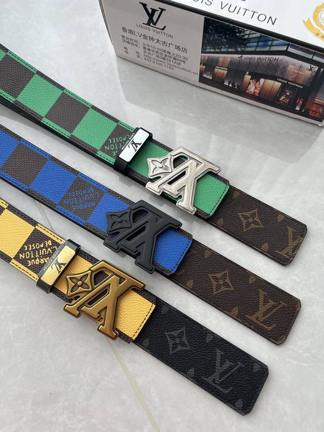 品名：Lv..路易..威登原单 材质：原单牛皮腰带 百分百头层牛皮腰带保证真皮钢扣，专柜原单品质、做工精细，时尚大牌，送人自用首选 包装： 请认准如图专柜包装赠