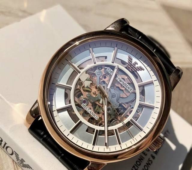 Emporio Armani阿玛尼 机械系列 机械之心 腕表 机械机芯 真皮表带 白色表盘 男表 透窗经典休闲潮流欧美