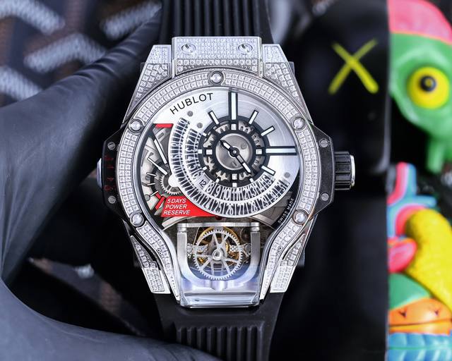 宝 Hublot 魔兽Mp系列909.Nx. .Rx.1704 抛光金属壳套 人工镶嵌207颗锆石 阳极化处理红色铝质下部结构附6颗H形金属螺丝 搭载原装进口机