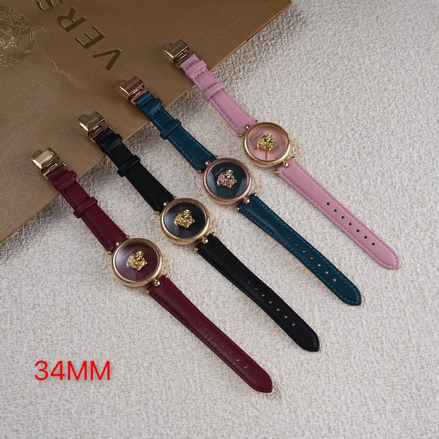 范思哲 Versace 粉金石英女士腕表34Mmpalazzo经典系列 华丽风范 3D美杜莎头像置于表盘中央 希腊回纹表圈 设计日辉纹表盘充满魅力，搭载原装瑞士