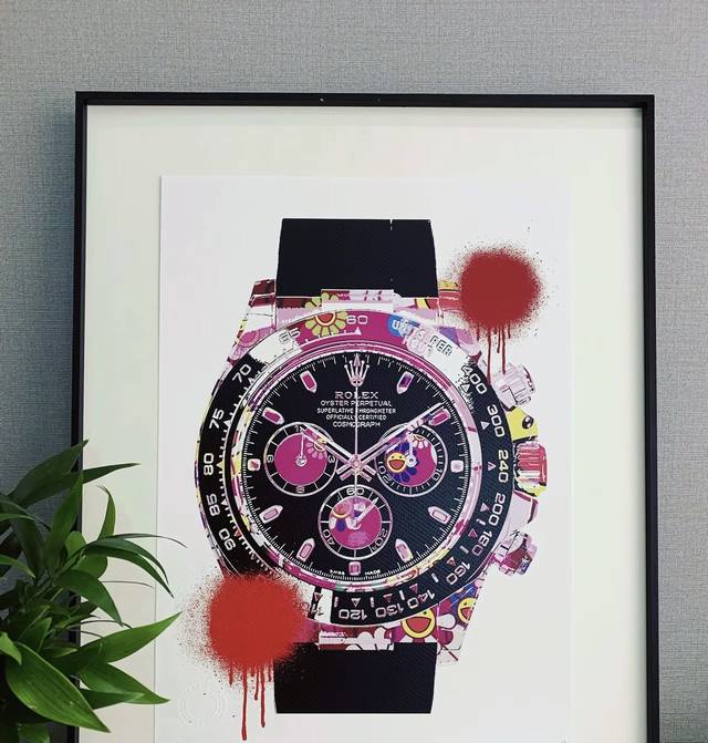 图片拍摄：为展示作品画面实拍、外框样式 关于发货：会进行精美装裱含高透防尘亚克力 作品名称： 劳力士喷漆 画芯尺寸45X32Cm 带框尺寸57.5X44.5Cm