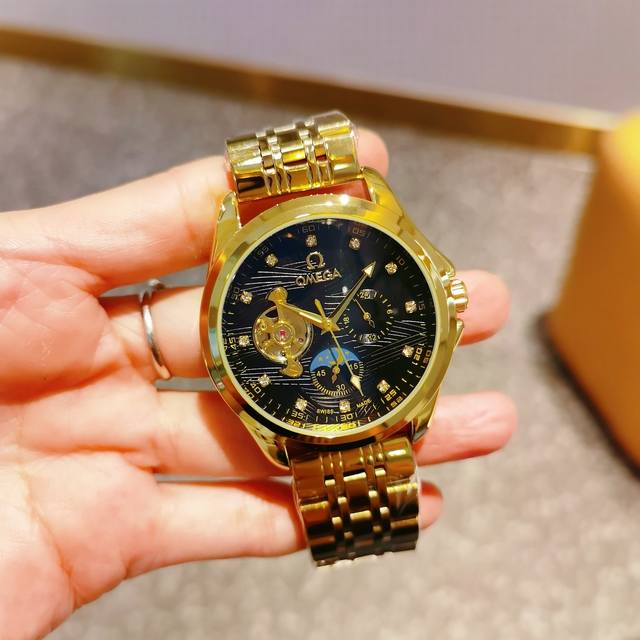 Stainless steel bracelet with butterfly clasp, Omega 9-inch automatic mechanical