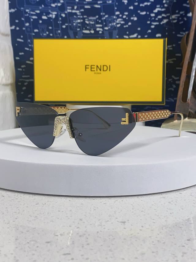 Fendi 2026 New Letter F Diamond-Studded Frameless Cat-Eye Sunglasses Retro Europ