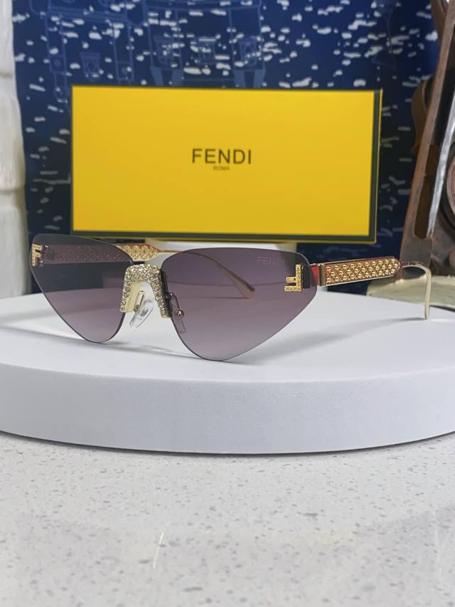 Fendi 2026 New Letter F Diamond-Studded Frameless Cat-Eye Sunglasses Retro Europ