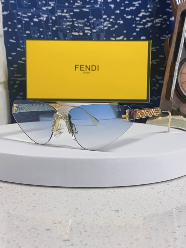Fendi 2026 New Letter F Diamond-Studded Frameless Cat-Eye Sunglasses Retro Europ