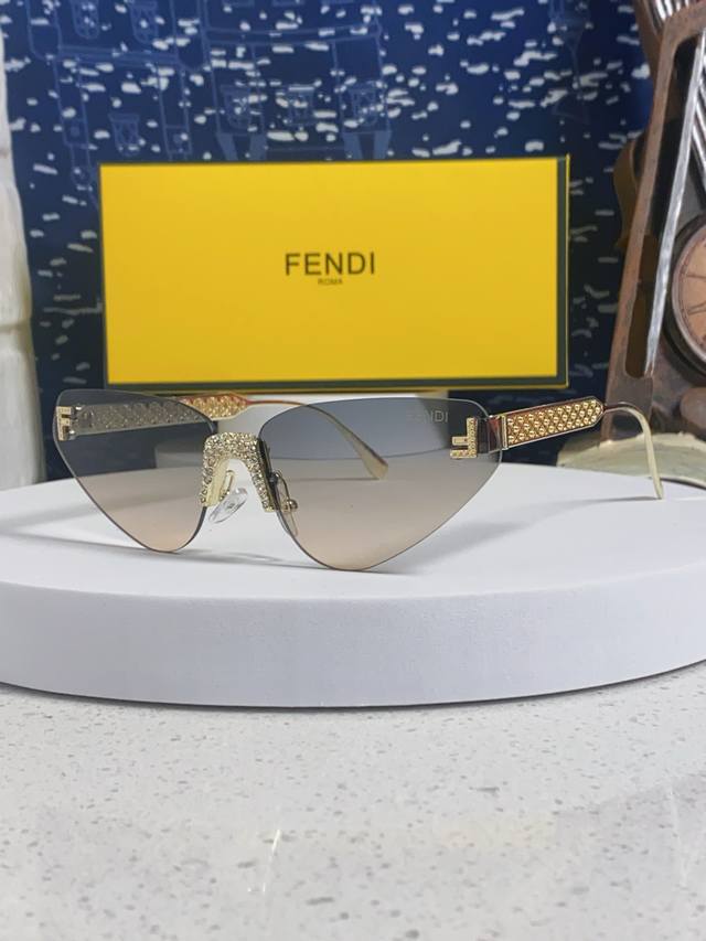 Fendi 2026 New Letter F Diamond-Studded Frameless Cat-Eye Sunglasses Retro Europ