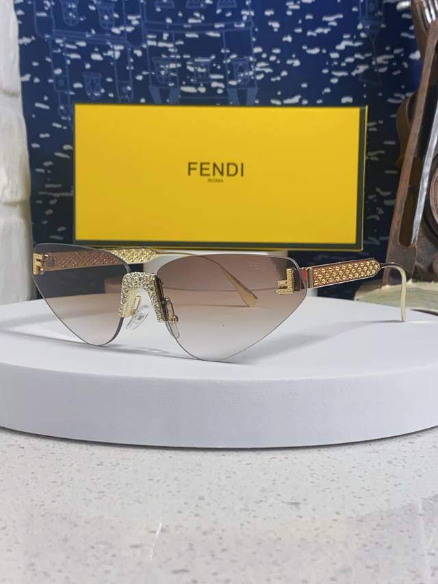 Fendi 2026 New Letter F Diamond-Studded Frameless Cat-Eye Sunglasses Retro Europ