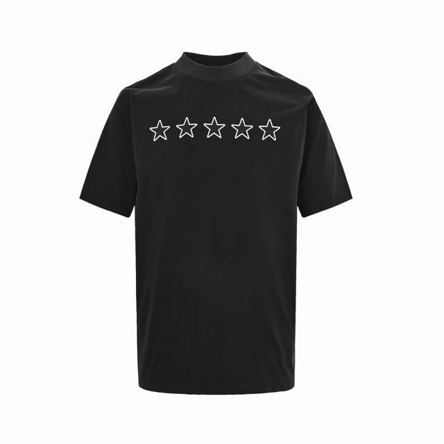 Balenciaga 巴黎世家 26Ss 五角星印花水洗短袖抢购zp开发定染面料色.破洞.印花.水洗.做旧.版型.采用32S 1*2精棉双纱平纹，260克；搭配