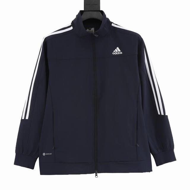 Adidas Logo条纹长袖复古运动立领夹克 三杠双开拉链刺绣外套 男女同款 宽松os版型偏大 顶级原版开模出货 超多明星上身带货 原版定制面料 70%棉20