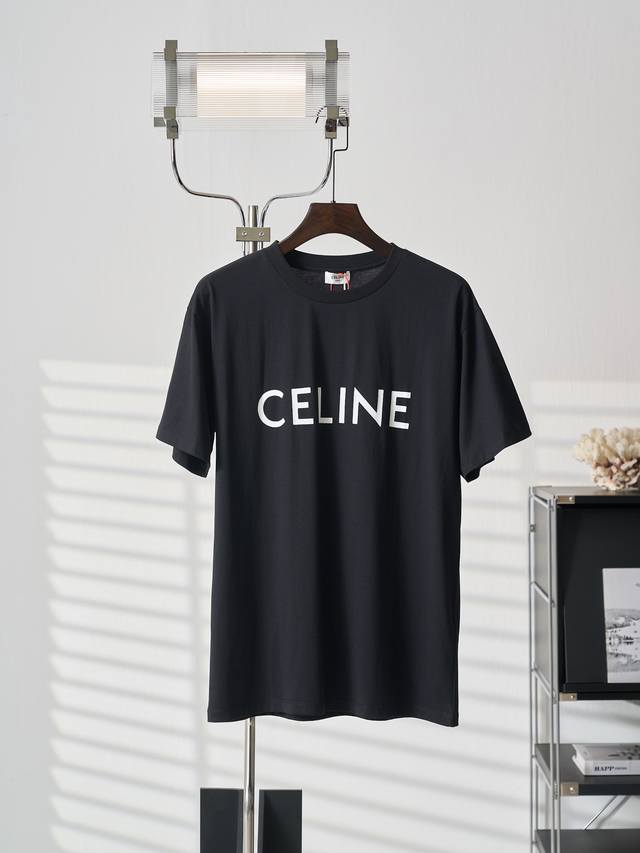 Real-object hanging display Celine logo print crew neck short-sleeved t-shirt, i