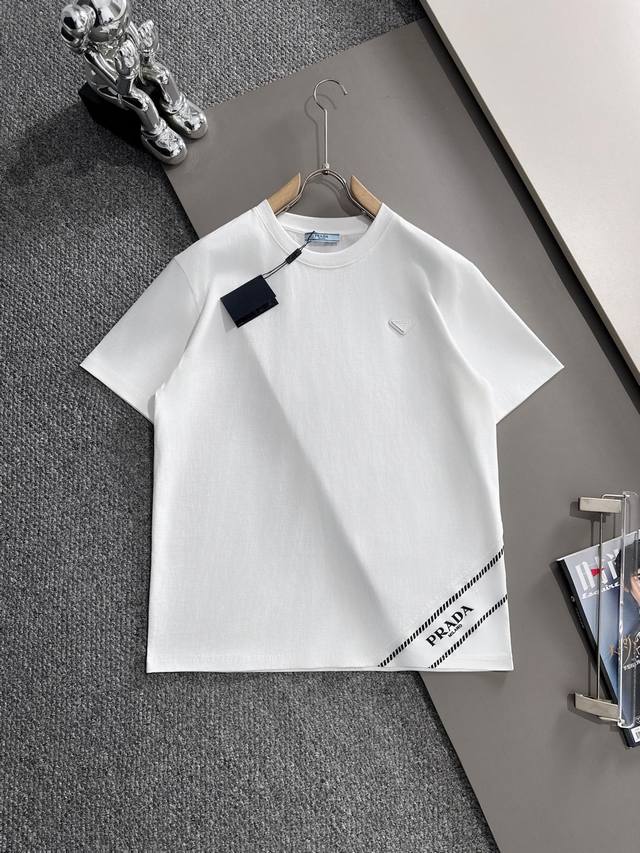 Prada 2026 New Woven Patchwork Custom Triangle Logo T-Shirt, Unisex Short-Sleeve