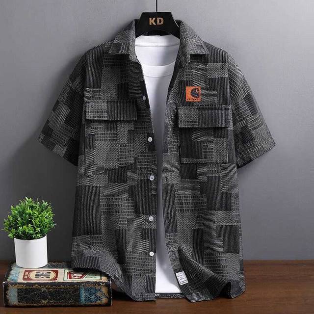 Carhartt Summer Autumn Workwear Denim Plaid Shirt with Embroidered Patchwork Lab
