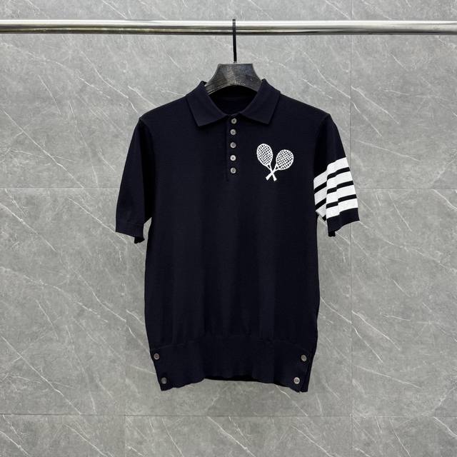 Thomtb' Intarsia Tennis Racket Knit Collared Short Sleeve Size: 1-4 Colors: Ligh