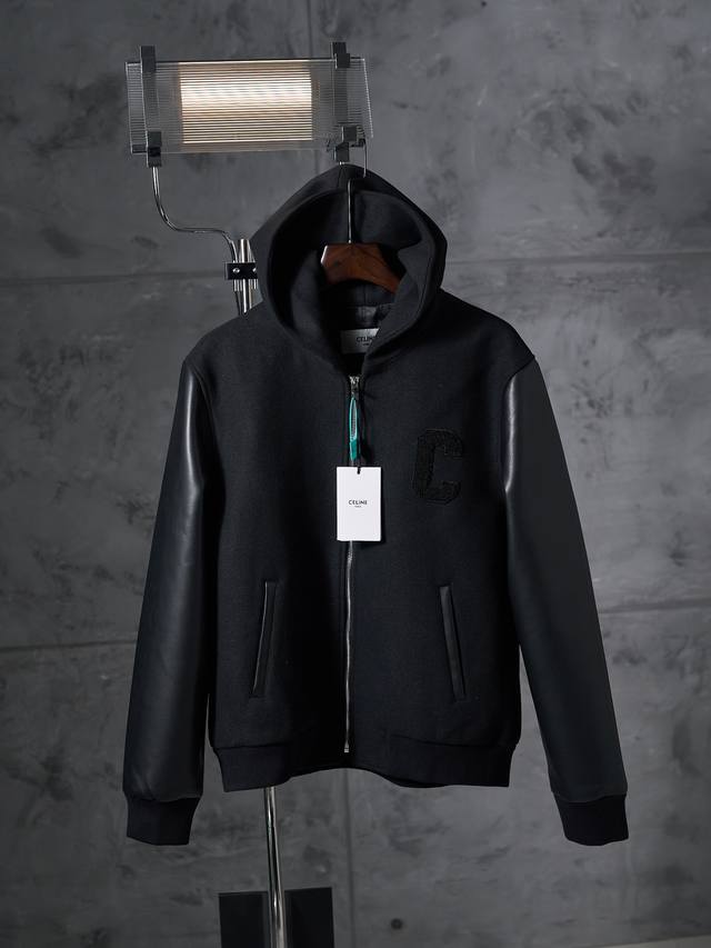 Real-object hanging photo of Celine C-letter wool blend leather-sleeved hooded j Real-object hanging photo of Celine C-letter wool blend leather-sleeved hooded j