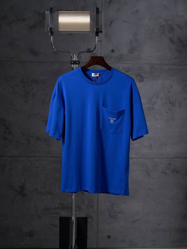 Actual product photo: Celine Arc de Triomphe embroidered pocket crew neck short- Actual product photo: Celine Arc de Triomphe embroidered pocket crew neck short-