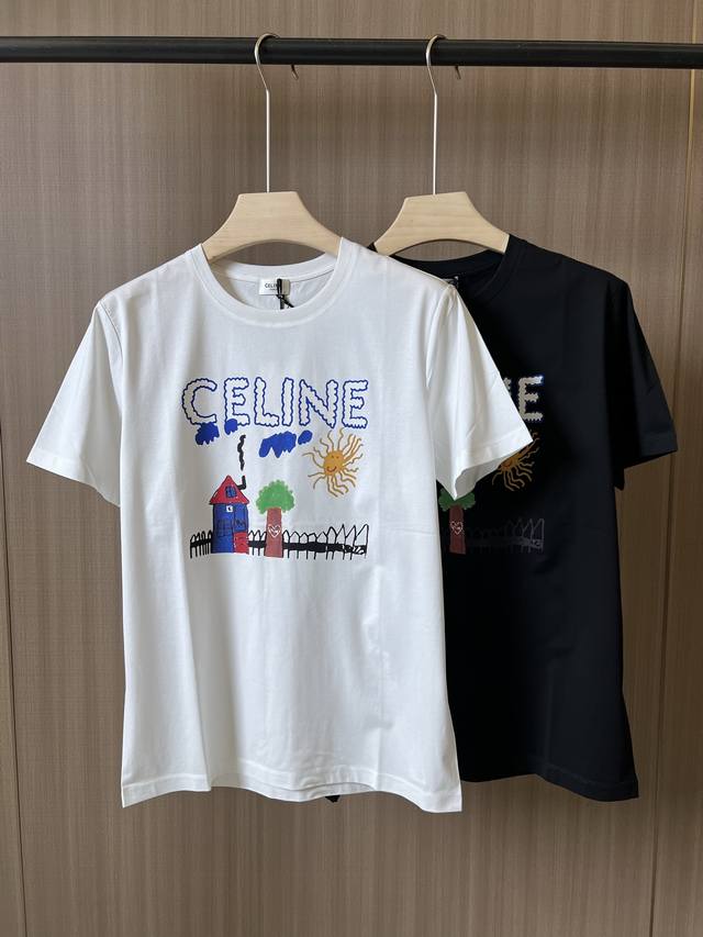 Celine.Ss26 Spring Summer New Graffiti Print Logo Short-Sleeve T-Shirt. The fron Celine.Ss26 Spring Summer New Graffiti Print Logo Short-Sleeve T-Shirt. The fron