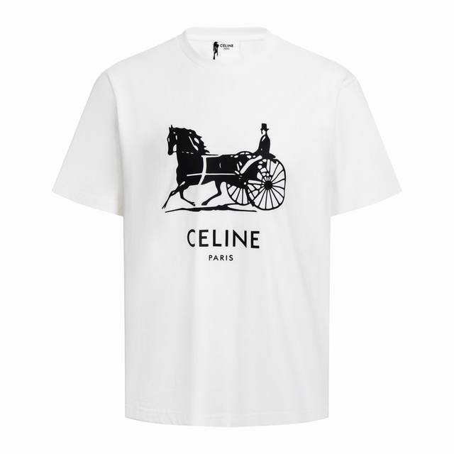Celine 26Ss Coachman and Carriage Print Short-Sleeve T-Shirt, White. Original ve Celine 26Ss Coachman and Carriage Print Short-Sleeve T-Shirt, White. Original ve