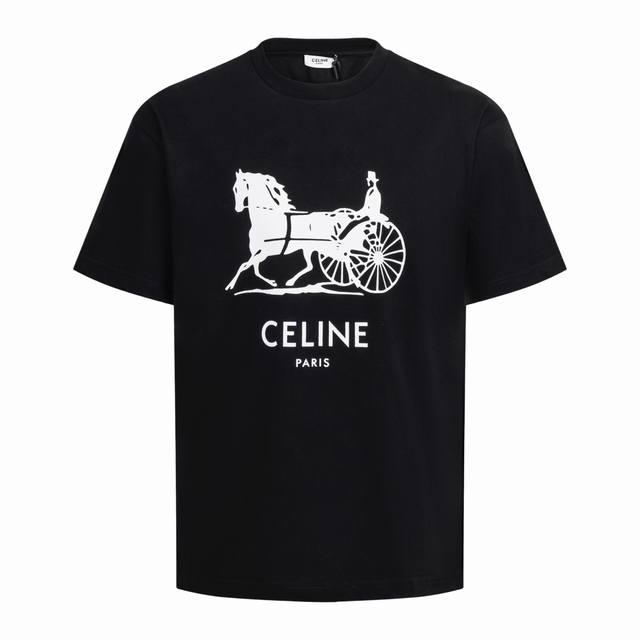 Celine 26Ss Coachman and Carriage Print Short-Sleeve T-Shirt, Black. Original de Celine 26Ss Coachman and Carriage Print Short-Sleeve T-Shirt, Black. Original de