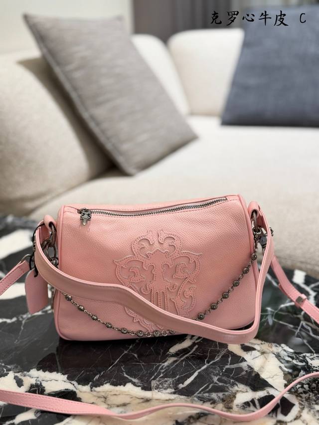 Chrome Hearts Pink Embroidered Messenger Bag. Made of cowhide leather, this bag