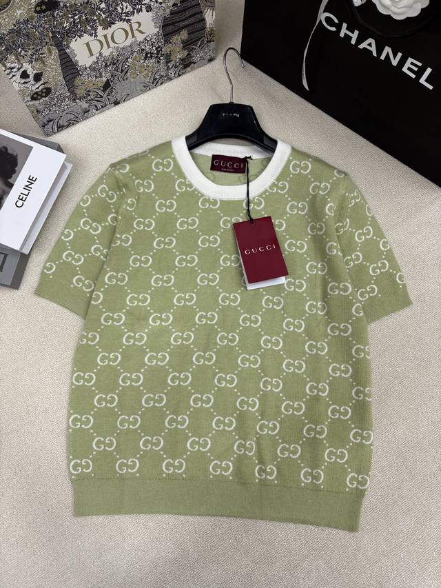 Gucc* Spring Summer 2026 New Knitted Crew Neck Short Sleeve Brand Double G Logo