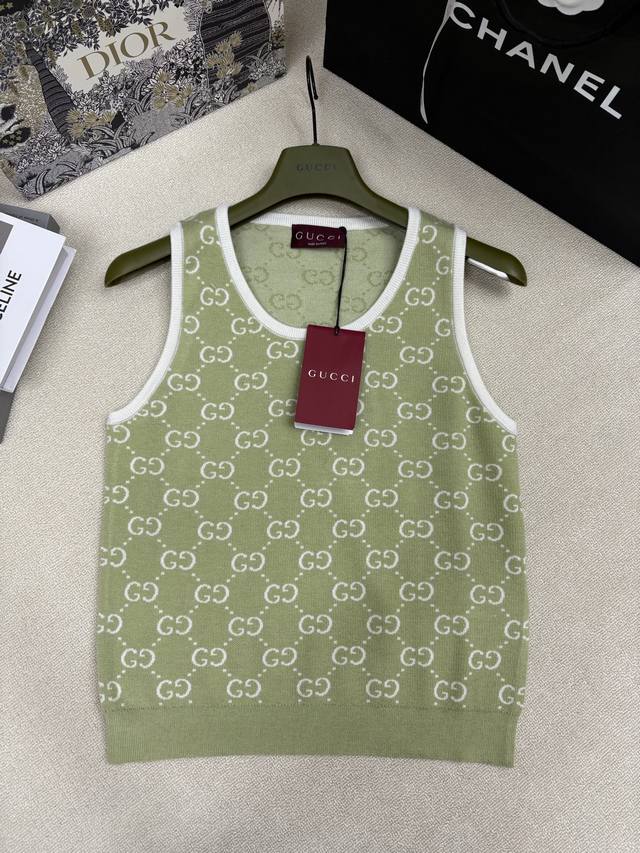 Gucc* Spring Summer 2026 New Knitted Crew Neck Vest, Brand Double G Logo, Color