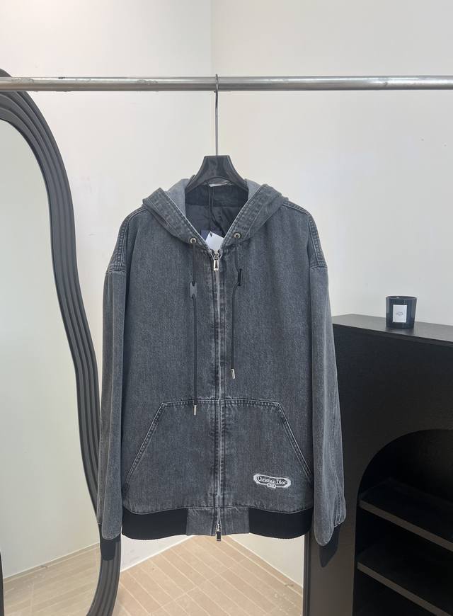 Dior Early Spring New Hooded Washed Denim Jacket, Retro Charcoal Black with a Su