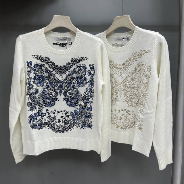 Original Dior women's knit top with exquisite embroidered butterfly and flower d