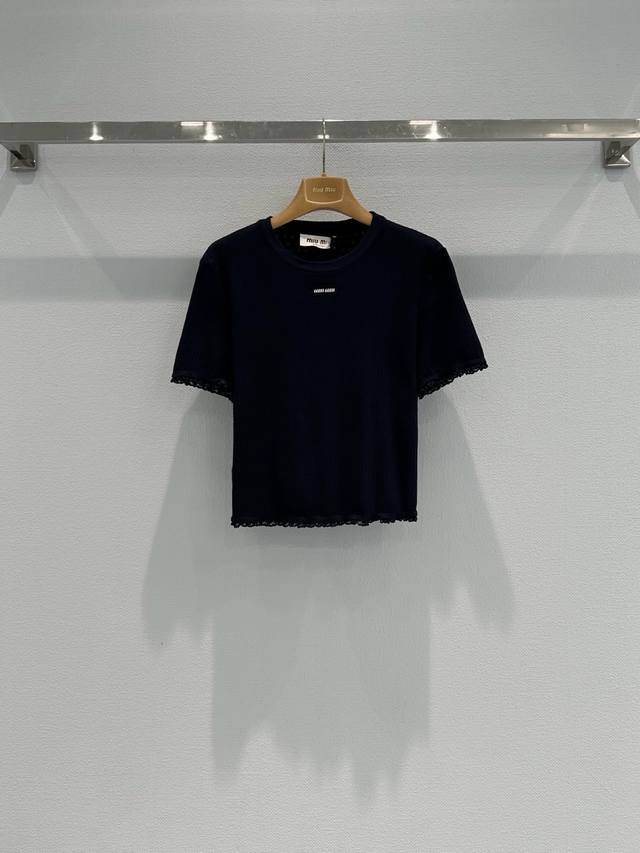 Original quality women's Miu Mi 26 new navy blue knit short-sleeved top with pac Original quality women's Miu Mi 26 new navy blue knit short-sleeved top with pac