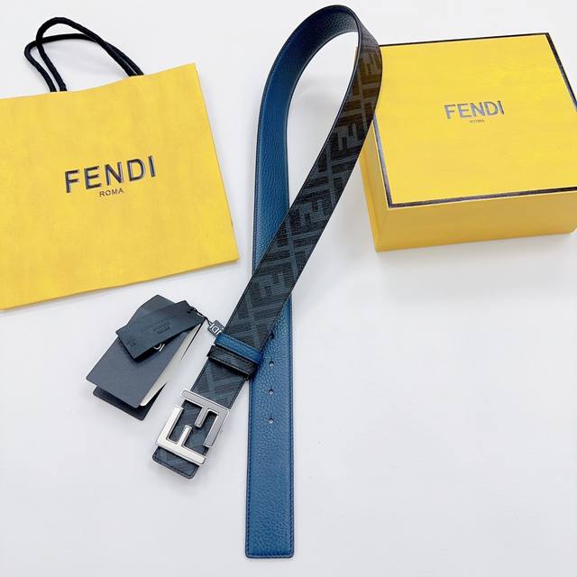 Fendi 芬迪 全套包装 专柜同款 宽4.0Cm 双环正反用腰带 Ff按钉搭扣 黑色cuoio Romano皮革材质 反面面料带有烟草黄和黑色ff图案 四方金