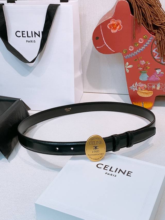 Celine Arc de Triomphe Oval Buckle Double-Sided Imported Calfskin Belt, 2.5cm. T