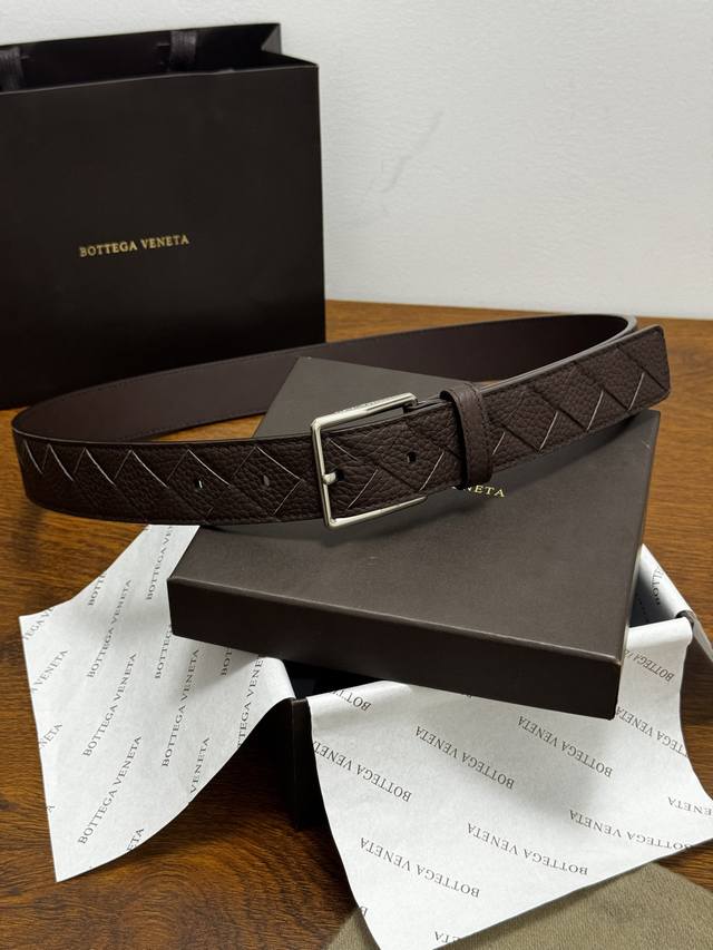 Bottega Veneta 3.5cm Color: Coffee intrecciato Woven Belt Lychee Texture Leather