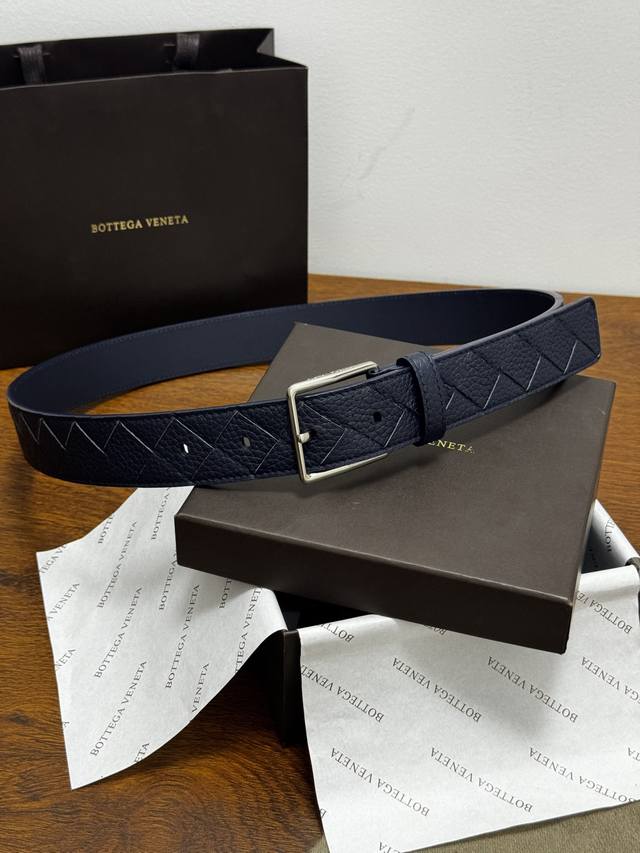 Bottega Veneta 3.5Cm Color: Navy Blue intrecciato woven belt. A new classic calf