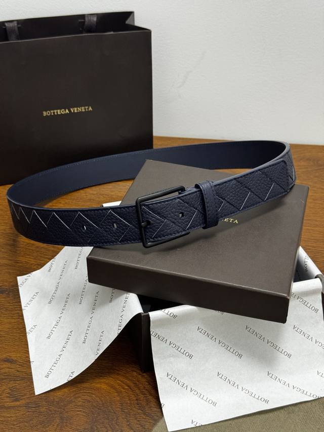 Bottega Veneta 3.5Cm Color: Navy Blue intrecciato woven belt. A new classic calf