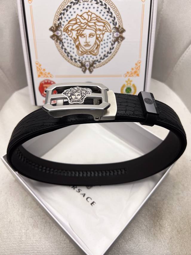 New Versace style, imported 3.5cm automatic buckle, double-sided top-grain cowhi