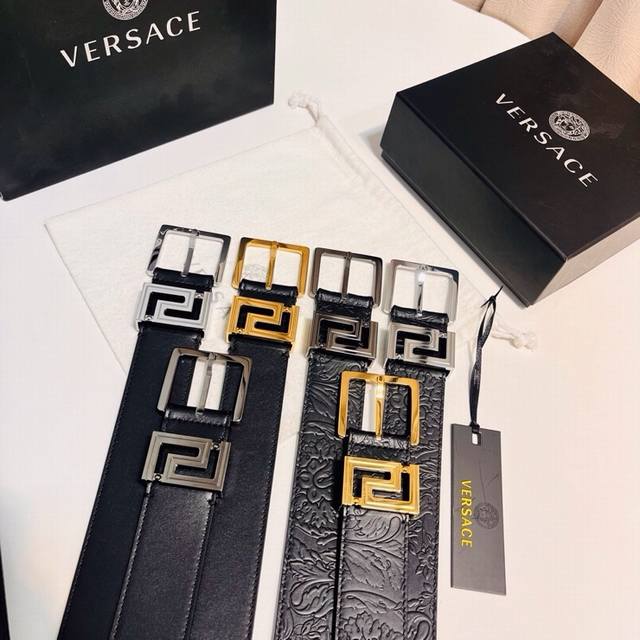 Versace's new top-grain cowhide leather belt, adorned with a greca Goddess belt