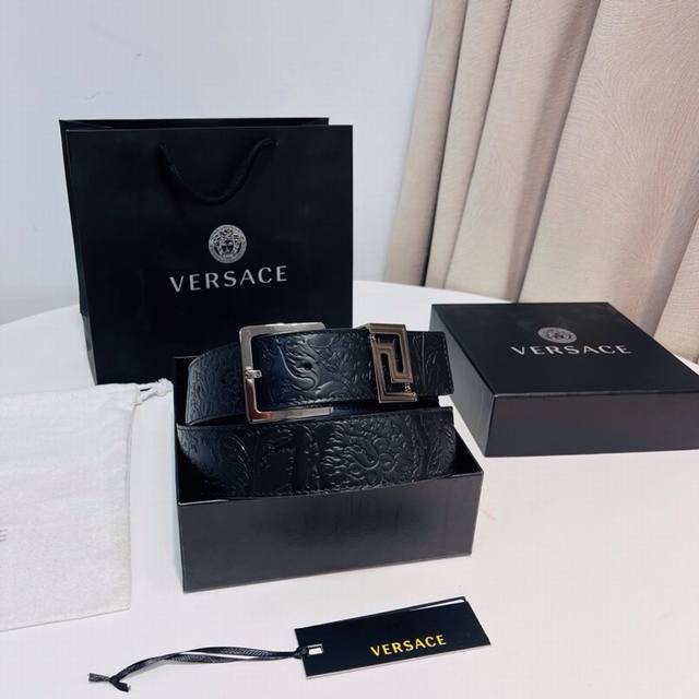 Versace's new top-grain cowhide leather belt, adorned with a greca Goddess belt
