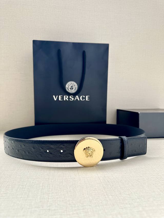 Width 4.0Cm This Versace soft leather belt features a 3D Medusa buckle and can b