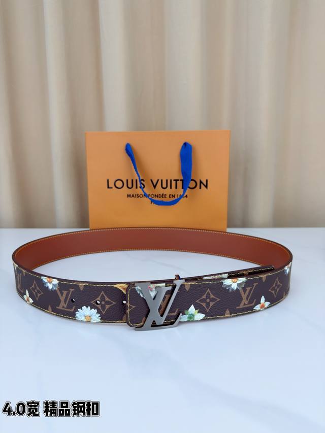 4.0 Wide Lv Initiales Monogram Flower Reversible Belt features a Monogram print