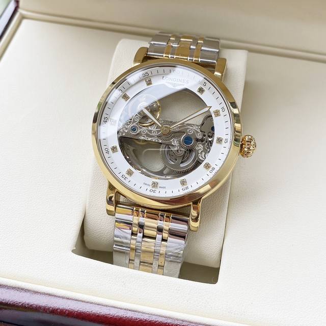 镂空设计 绅士必备 浪琴-Longines 男士腕表 全自动机械机芯 矿物强化玻璃 316L精钢表壳 精钢表带 时尚大方 商务休闲 尺寸:直径42Mm 厚度12