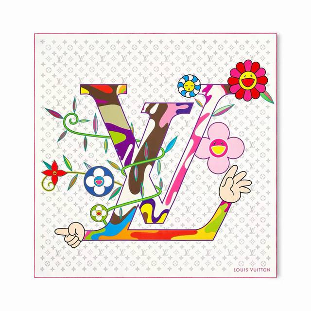 Lv新款村上隆系列方巾lv X Tm Monogram Superflat 桑蚕丝方巾出自路易威登与日本艺术家村上隆的合作系列，令大号 Lv Hands 标识、