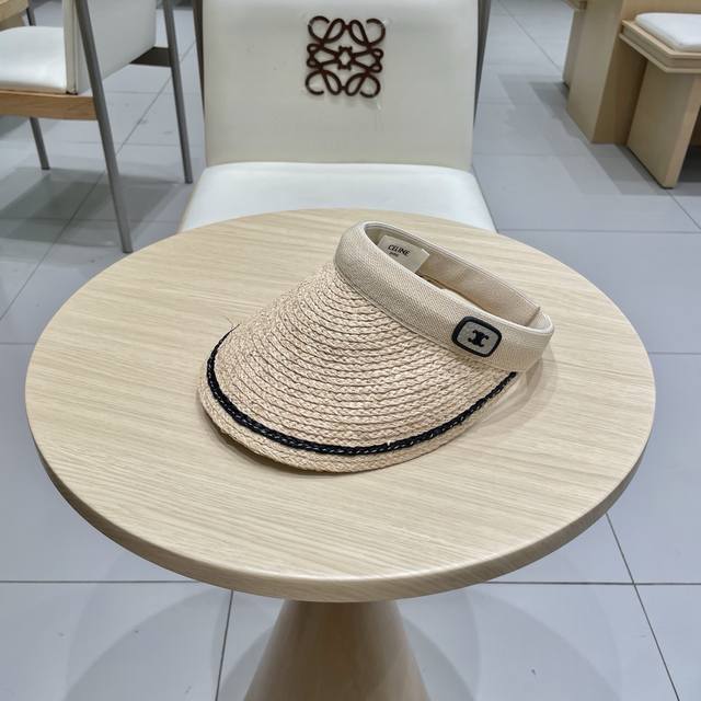 Celine高品质拉菲草空顶草帽发箍防晒帽女春夏季太阳帽时尚遮阳帽