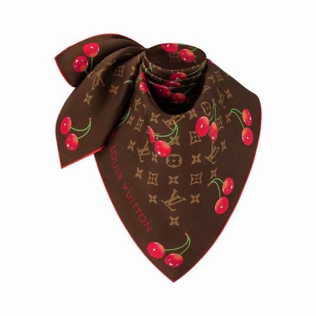 Louis Vuitton x Takashi Murakami Monogram Cerise silk scarf is from the Louis Vu