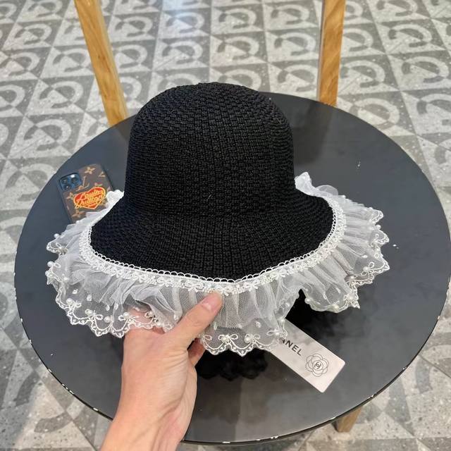 Chanel pearl lace straw hat for women, wide brim, summer, UV protection, beach v