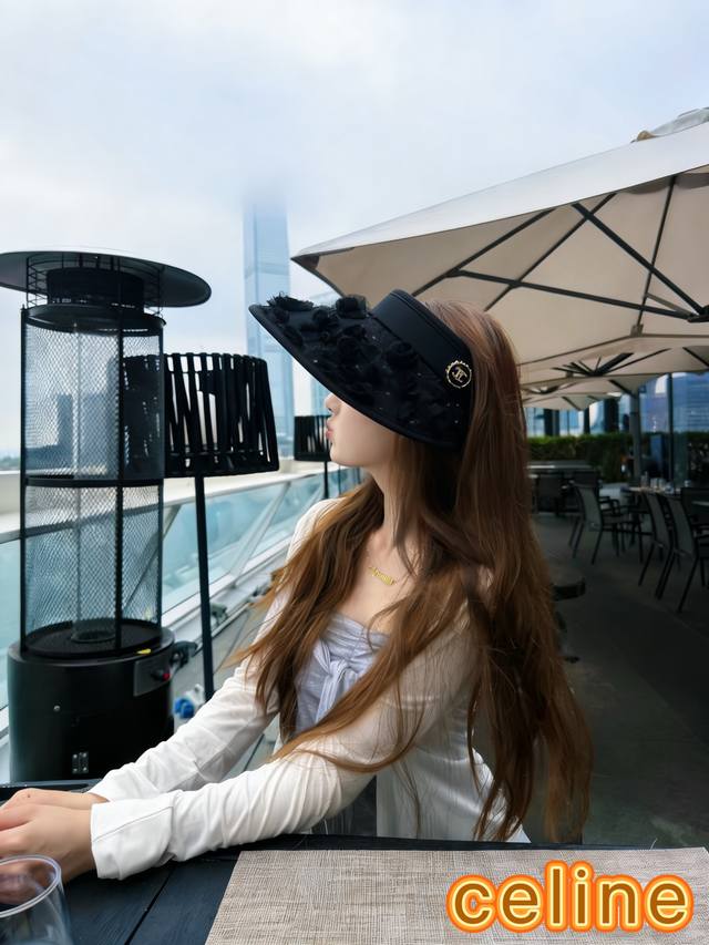 Celine赛琳新款空顶蕾丝花朵帽女夏季可折叠大帽檐防晒遮阳帽防紫外线编织太阳帽