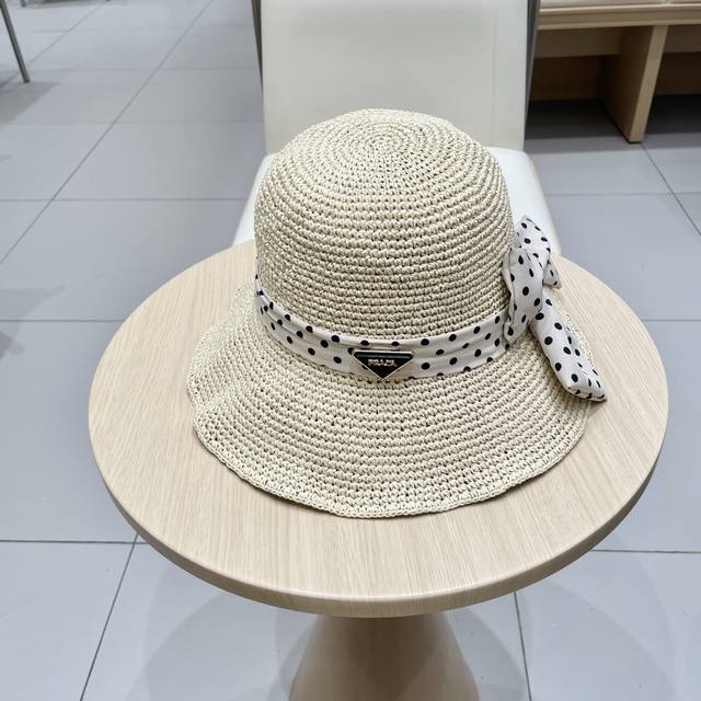 Prada straw hat, 2025 polka dot bow sun hat, French elegance, beach vacation sun