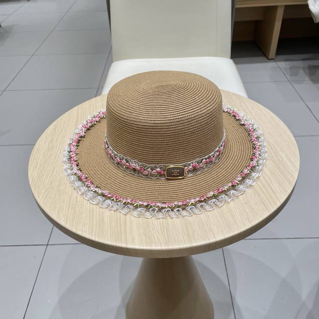 Celien's new finely woven straw hat, belted flat-topped hat, head circumference