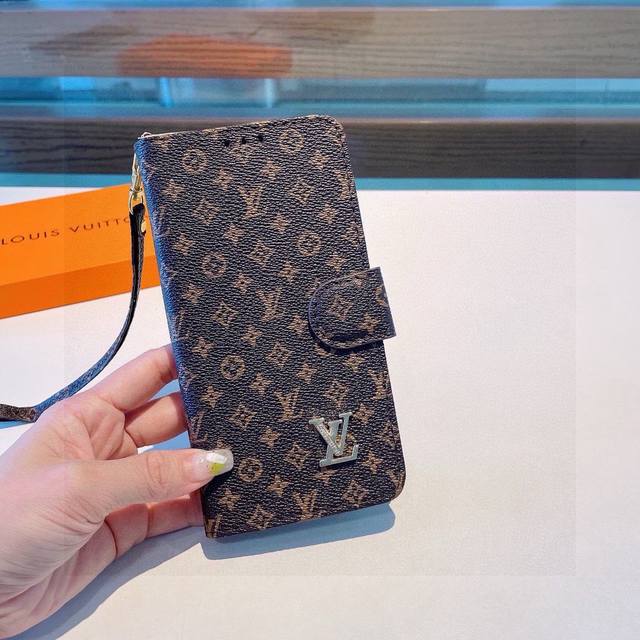 Lv Classic Monogram Leather Phone Case, Multiple Card Slots, Multi-functional Mo