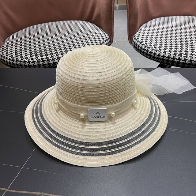 Moncler 蒙口 赫本风草帽女夏季珍珠蝴蝶结网纱渔夫帽欧根纱太阳帽大檐防晒帽子