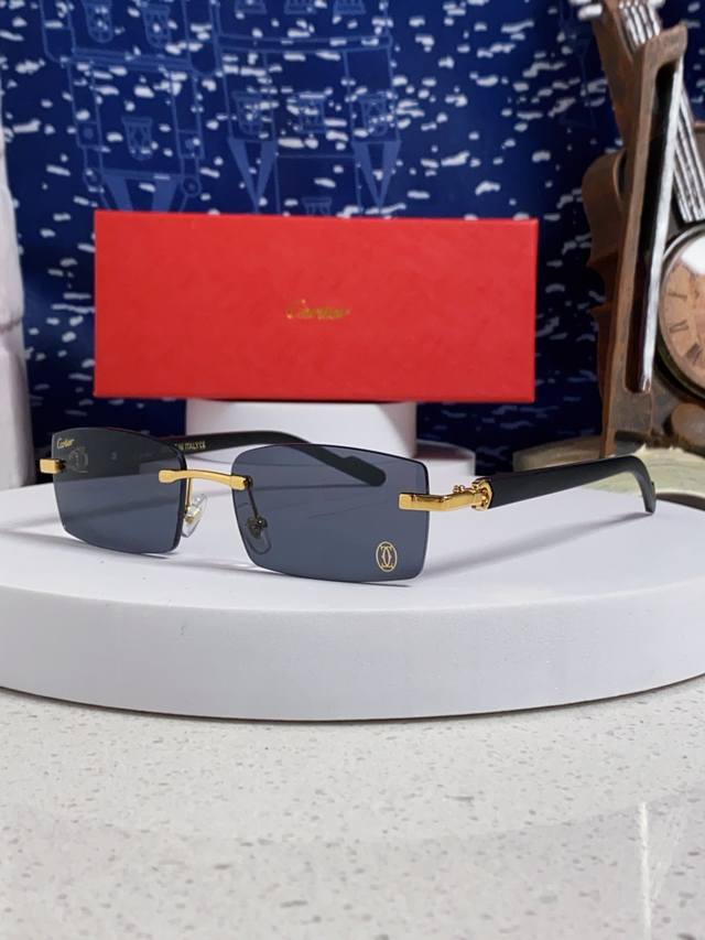 Cartier卡地亚 2026新款 欧美复古无框切边长方形木纹太阳眼镜男女潮小脸显瘦嘻哈蹦迪墨镜