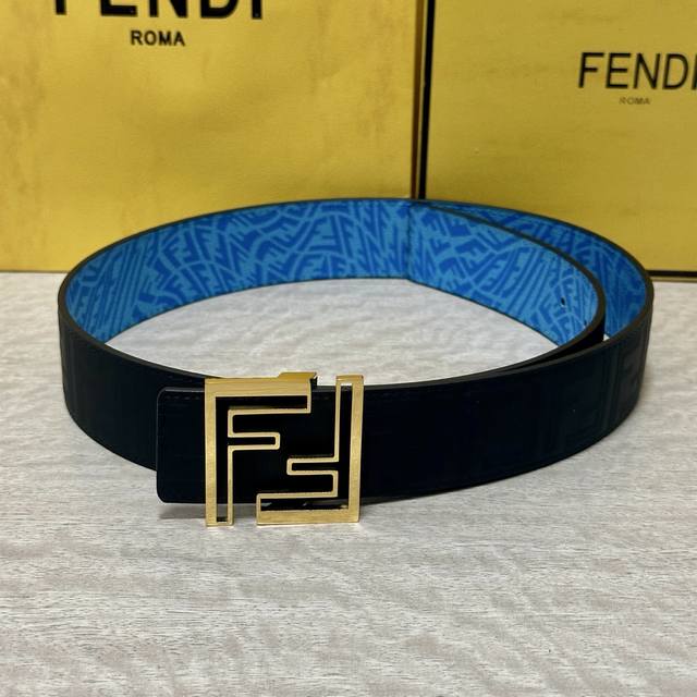 图片包装+10 Fendl 芬迪 专柜同款 宽40Mm原版定制天蓝色ffvertigo图案皮料 搭配ff按钉钢扣 时尚潮流 经典百搭款